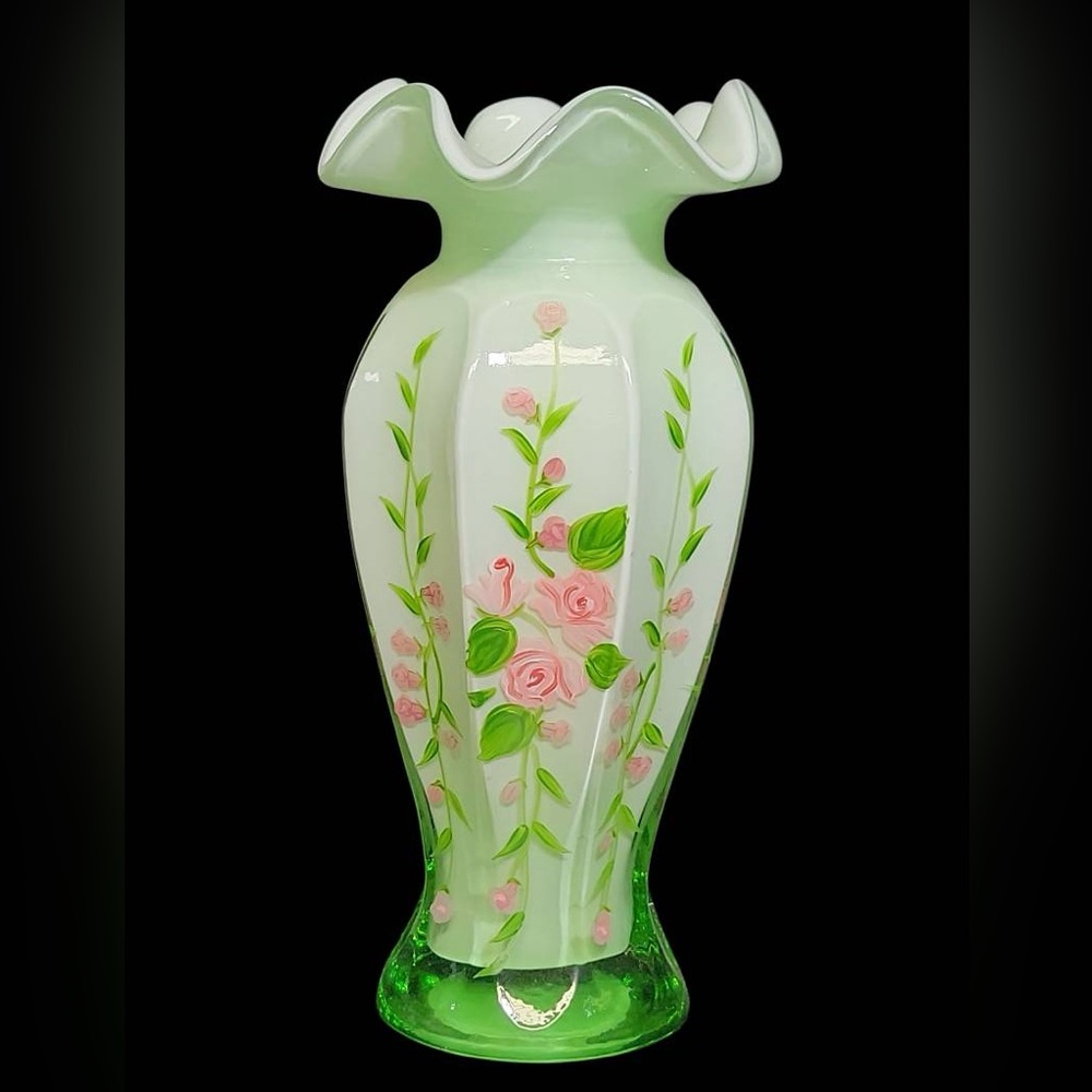 Fenton Ruffled Cased Green and Pink Hand Painted Floral Vase - Picture 2 of 3